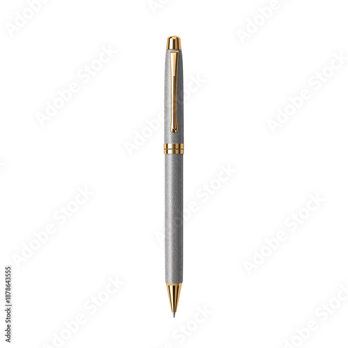 Black and Silver Pen Resting Upright on a Plain Surface With Clear Background...