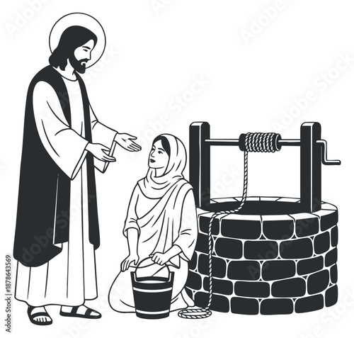 A scene depicting Jesus speaking with a woman at a well in black and white minimalist vector style, suitable for religious or educational themes