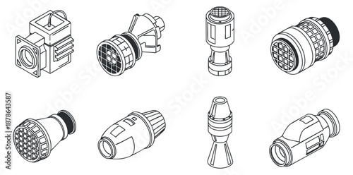 A set of various electrical connectors and plugs in black and white outline vector style, suitable for technical illustrations and engineering designs