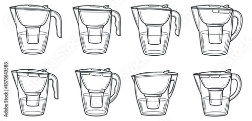 A set of outline vector illustrations of glass pitchers and drinking glasses in minimalist style, ideal for kitchenware branding and design