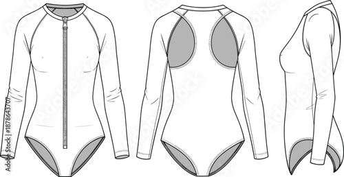Women zip front bodysuit technical fashion flat with front back side views, long sleeves seam panel details, cad drawing flat vector illustration