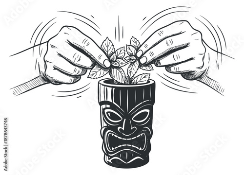 A pair of hands preparing a tiki cocktail with fresh mint leaves in black and white vintage vector style, ideal for bar and restaurant branding