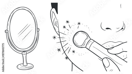 A hand using a facial roller on the cheek while looking into a decorative mirror in minimalist outline vector style, ideal for beauty and skincare projects