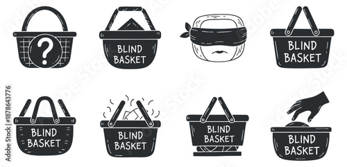 A collection of blind basket icons featuring various designs in black and white minimalist vector style, suitable for retail and shopping applications