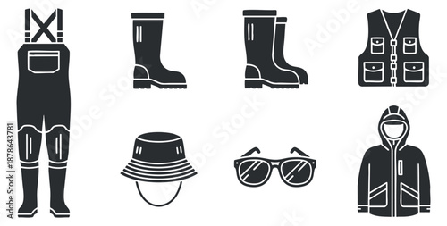 A collection of outdoor clothing and accessories including overalls, boots, a hat, sunglasses, a vest, and a jacket in black and white vector style, suitable for outdoor activities and branding