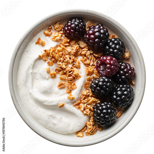 Bowl of Yogurt With Granola and Berries on a White Background Ready for Break...