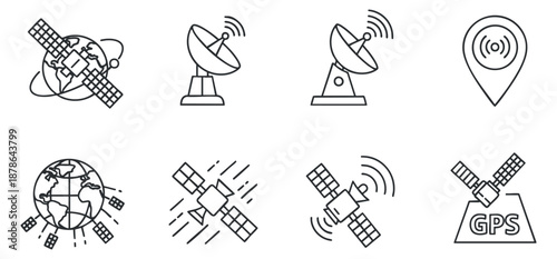 A collection of satellite and GPS icons in clean outline vector style, ideal for technology and navigation design projects