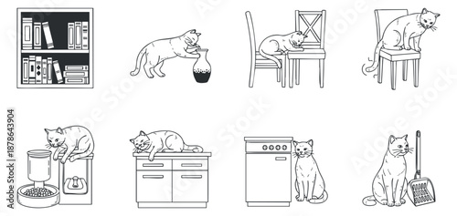 A collection of playful cats interacting with home objects in black and white line art vector style, perfect for pet-themed designs