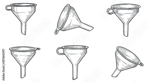 A set of six hand-drawn funnels in line art style, ideal for culinary and kitchen illustrations