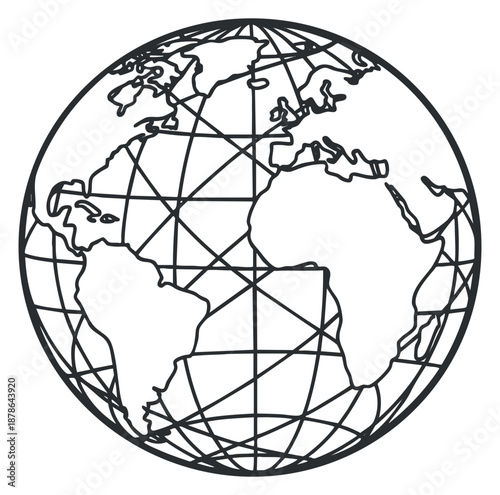 A globe illustration showing continents and grid lines in black and white outline vector style, suitable for educational and geographical designs