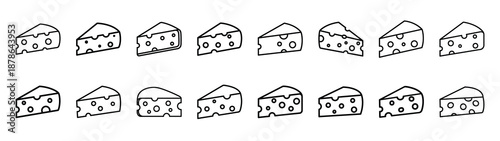 Set of 16  cheese wedge outline food icons related. Editable stroke icons collection