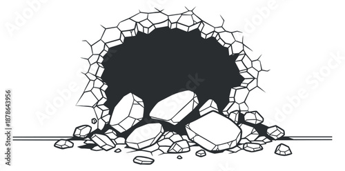 A cracked wall with a hole and scattered rocks in minimalist outline vector style, suitable for design and creative projects