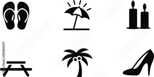 Collection of vector icons depicting beach flip flops sunny umbrella candles picnic table palm tree and high heel shoe