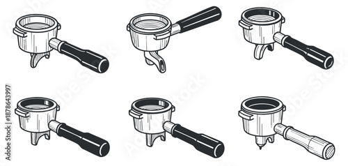A collection of espresso portafilters in black and white outline vector style, ideal for coffee-related designs and branding