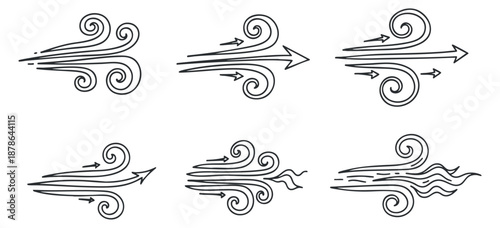 A set of wind swirl icons in black and white outline vector style, suitable for environmental design and illustration