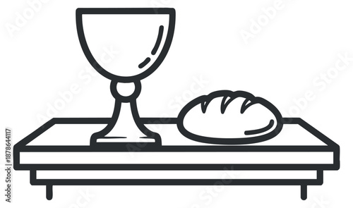 A cup and loaf of bread on a table in minimalist black and white outline vector style, suitable for religious or spiritual themes