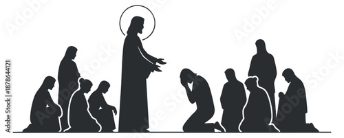 A silhouette illustration depicting Jesus with worshippers in a minimalist vector style, suitable for religious themes and spiritual projects