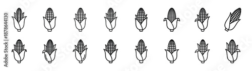 Set of 16  corn cob outline food icons related. Editable stroke icons collection