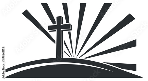 A silhouette of a cross on a hill with rays of light in black and white minimalist vector style, suitable for religious themes and inspirational design