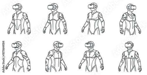 A set of diverse virtual reality characters wearing VR headsets in clean line art style, ideal for technology and gaming projects