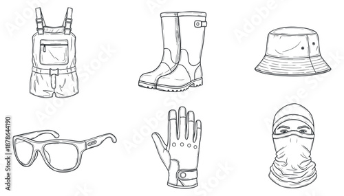 A collection of outdoor clothing and accessories including overalls, gloves, boots, sunglasses, and hats in minimalist line art vector style, suitable for fashion and adventure themes