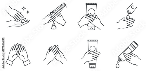 A set of minimalist outline illustrations depicting various hand care and skincare routines in vector style, suitable for beauty and wellness projects