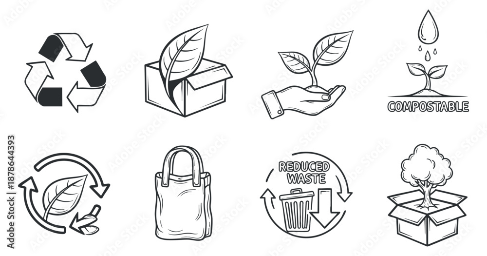 Obraz premium A collection of eco-friendly and sustainability icons in minimalist outline vector style, ideal for environmental campaigns and educational materials