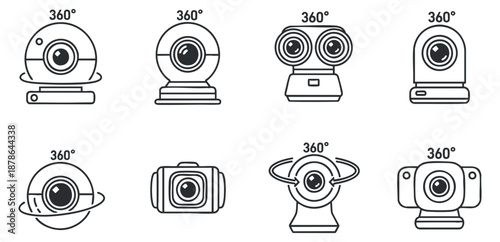 A set of 360-degree camera icons in clean outline vector style, suitable for technology and multimedia projects