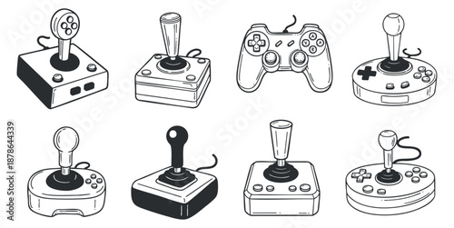 A collection of various gaming controllers and joysticks in black and white outline vector style, suitable for gaming-themed designs and illustrations