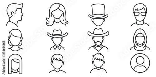 A collection of diverse character icons featuring various hairstyles and hats in minimalist outline vector style, ideal for user profiles and social media designs