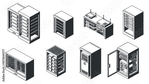 A collection of various server cabinets and racks in modern outline vector style, suitable for technology and IT design projects