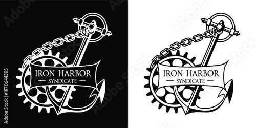 Nautical industrial logo design featuring an anchor gear and heavy chain representing the strong Iron Harbor Syndicate organization