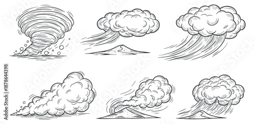 A collection of weather-related elements including tornadoes, clouds, and volcanic eruptions in black and white line art style, ideal for educational and creative projects