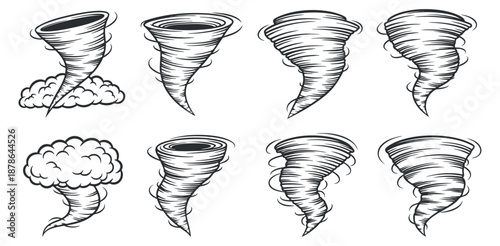 A collection of tornado illustrations in outline vector style, suitable for weather-related designs and educational materials