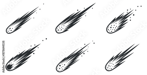 A set of six stylized comet and meteor illustrations in black and white vector style, ideal for space-themed designs