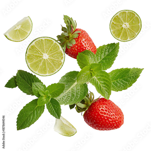 Fresh Strawberries and Limes With Mint Leaves on a White Background