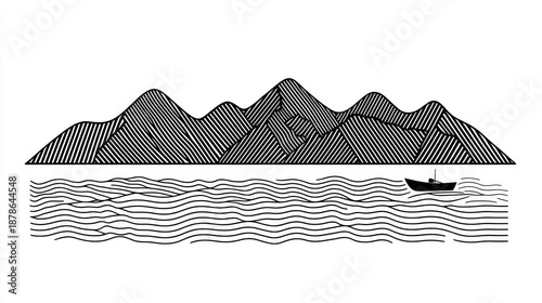 Simple line drawing of mountains and a boat on water