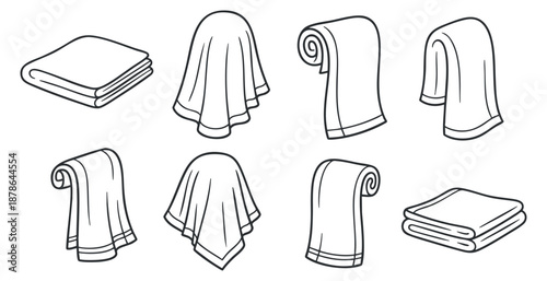 A collection of various towels and blankets in clean outline vector style, suitable for home decor and textile branding