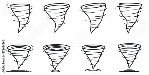 A set of eight tornado illustrations in minimalist outline vector style, suitable for weather-related designs and educational materials