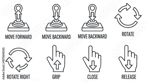 A set of joystick control icons depicting movement commands in minimalist vector style, suitable for gaming interfaces and user experience design