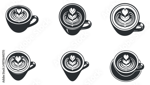 A collection of latte art designs in black and white minimalist vector style, ideal for cafe branding and menu design