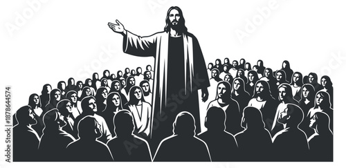 A silhouette of Jesus preaching to a large crowd in black and white vector style, ideal for religious illustrations