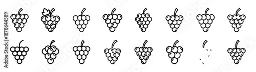 Set of 16  grape cluster outline food icons related. Editable stroke icons collection
