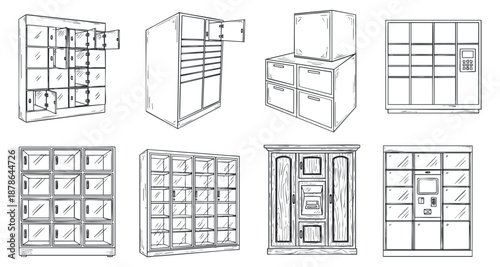 A collection of various storage cabinets and shelves in minimal outline vector style, suitable for interior design projects