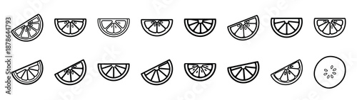 Set of 16  lime slice outline food icons related. Editable stroke icons collection