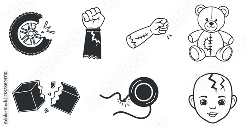 A collection of broken objects including a tire, fists, a teddy bear, and a damaged box in black and white outline vector style, ideal for educational materials on safety and repair