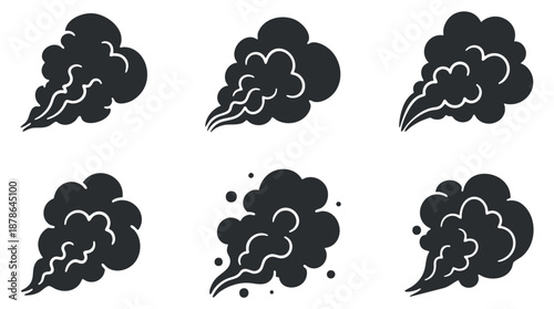A collection of six smoke clouds in black vector style, suitable for graphic design and illustrations
