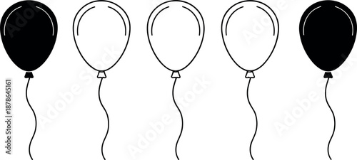 Set of black and white balloon icons with strings isolated on white background for party celebrations, birthdays, and event decorations.