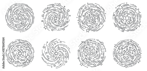 A collection of eight swirling galaxy illustrations in black and white outline vector style, ideal for space-themed designs
