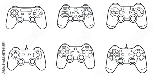 A collection of six gaming controllers in black and white outline vector style, ideal for gaming-related projects and designs